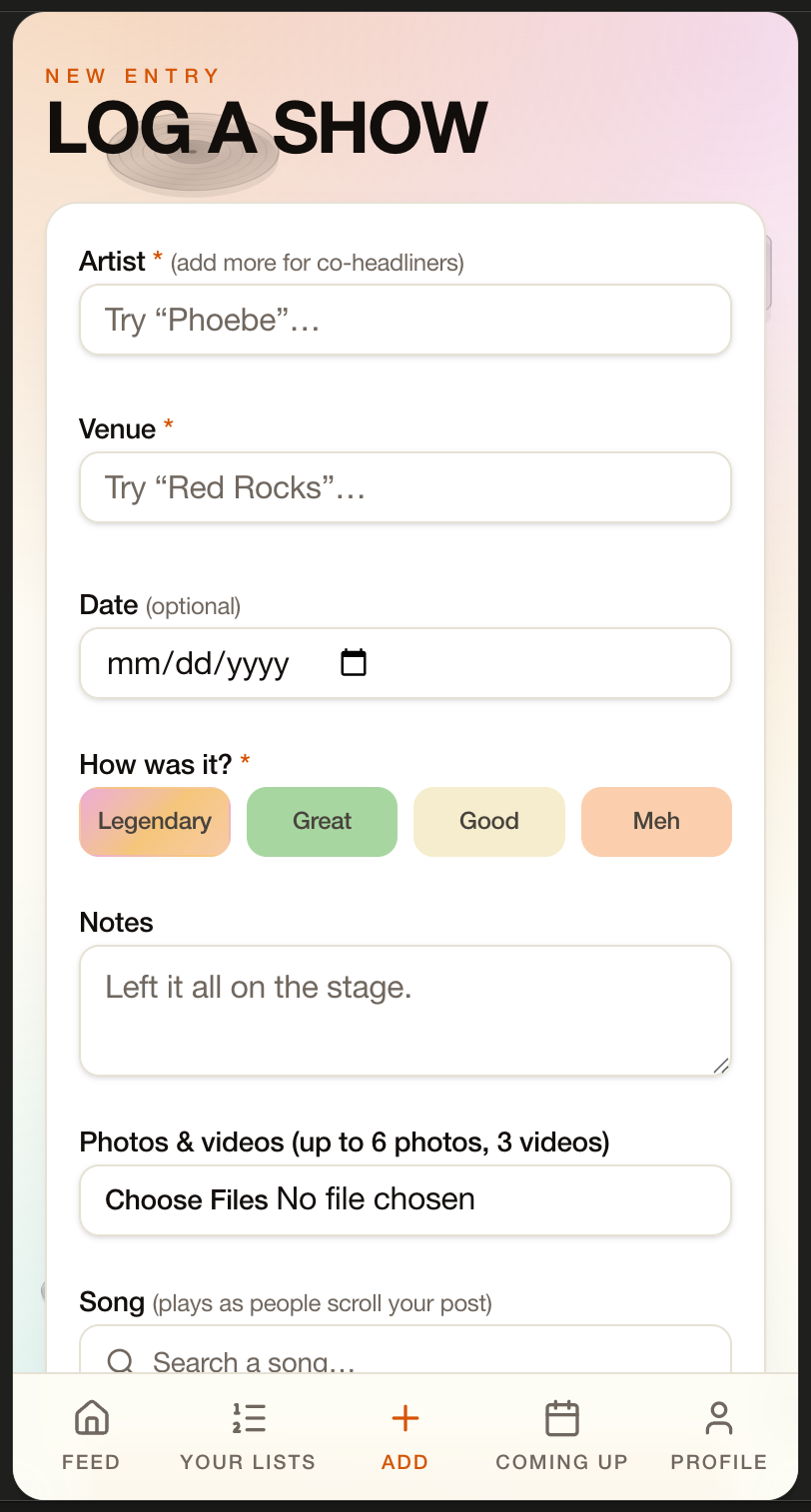 Vibra log a show form with artist, venue, date and rating tiers